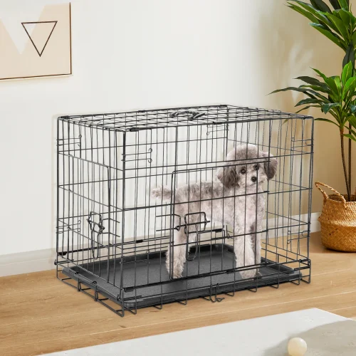 JHK Double Door Folding Metal Wire Dog Cage with Plastic Leak-Proof Pan